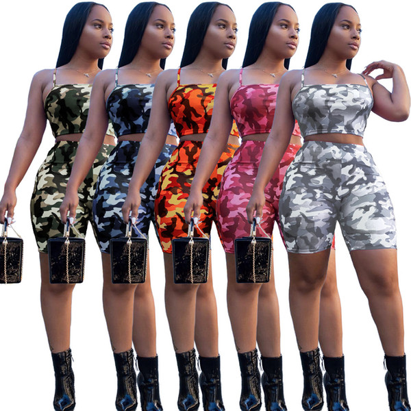 Summer European US Women tracksuit Camo Print Two Piece Outfits Condole belt Tops +Shorts Women Clothes Sexy Hot selling