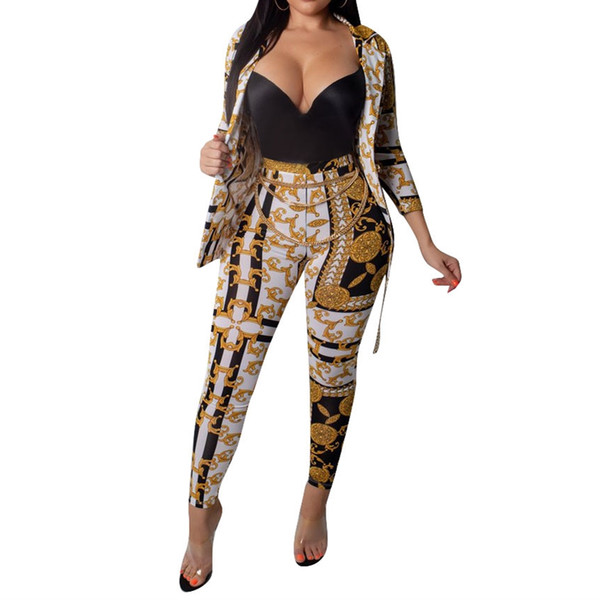 Gold Chain Printed Two Piece Set Women Tracksuits Autumn Spring Long Sleeve Button Up Shirt And Pant Ladies Boho Sweat Suit