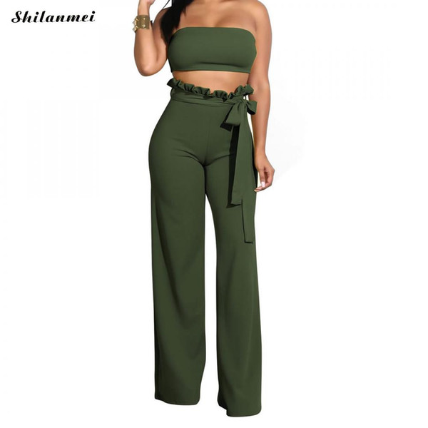 Women Sexy Two Piece Set Strapless Bandeau Crop Top And Long Pants 2 Piece Set Solid Ruffles Wide Leg Trousers Women Outfit