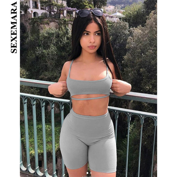 SEXEMARA Sexy Short Two Piece Set Crop Tops and Biker Shorts Grey Black Bodycon Matching Sets Summer Clothes for Women C83-I71