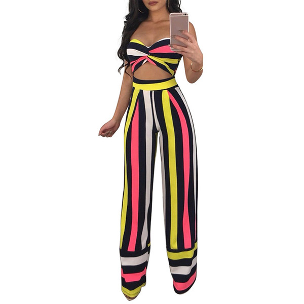 Clubwear Print Striped Two Piece Set Women 2018 Fashion Strapless Tops and Wide Leg Pants Suit Conjunto Feminino Party Jumpsuits