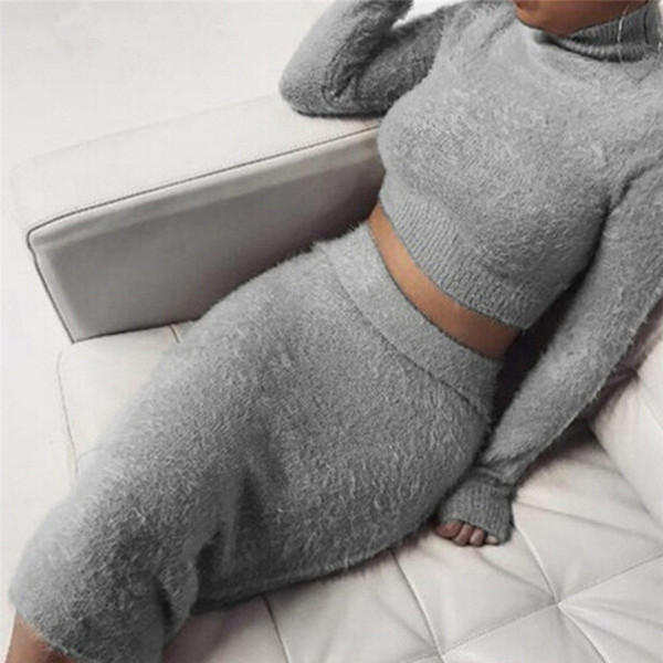 Set (2pcs )Autumn Women Bandage Suit Long Sleeve Fleece Crop Top Pencil Midi Skirt Solid Bodycon Dress Sweater Tracksuit Female