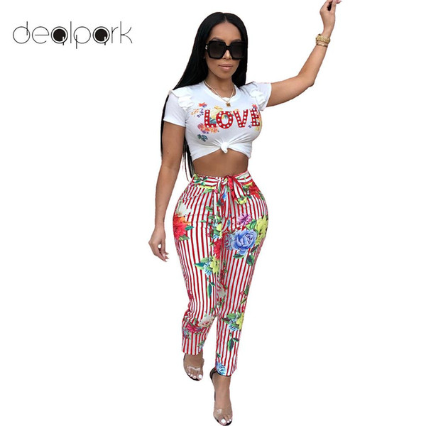 women 2 piece set top and pants Casual Tracksuit Floral Letter Print Crop Top Short Sleeve Striped Pants Slim Two Piece Set Suit