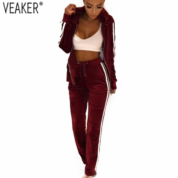 2018 Autumn Women Casual Tracksuit Two Pieces Zipper Hoodies sweatpants Suits Female Striped Velvet Tracksuits Sweatshirts