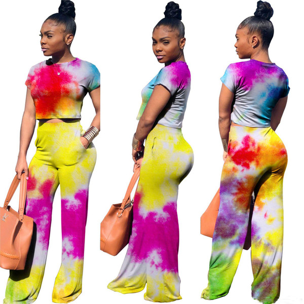 Women Painting Tracksuits Fashion Summer Short Tops Long Pants 2pcs Clothing Sets Vestidoes Sports Suits