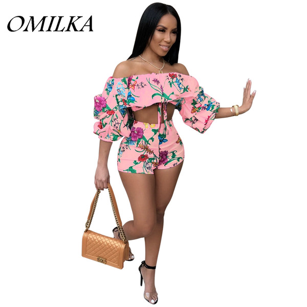 OMILKA 2018 Summer Women Lantern Sleeve Off the Shoulder Crop Top and Shorts Set Sexy Floral Printed Beach 2 Piece Set Clothing