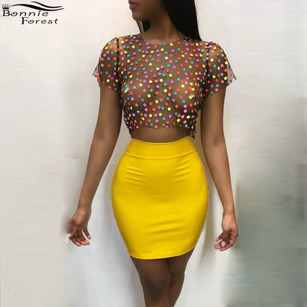 Bonnie Forest Sexy High Waist Yellow Mini Skirt + See-Through Dot Printed Tops Women's Party Nightclub Two 2 Piece Set Outfit