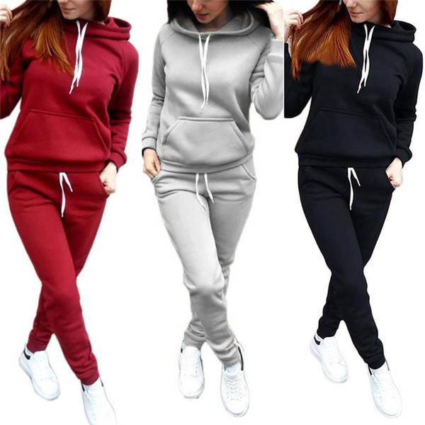 2Pcs/Set Women Hoodies Hooded Tops Cotton Long Sleeve Sweatshirt+Sweat Long Pants Woman Autumn Winter 2pcs Warm Outfits Suit