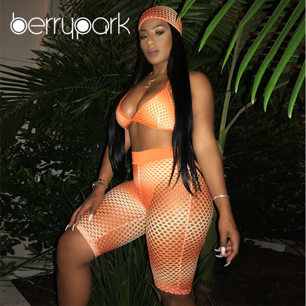 BerryPark Fishnet Mesh Sexy 3 Piece Set Women Head Scarf and Bra and Shorts Summer Hollow Out Slim Beach Party Club Outfits