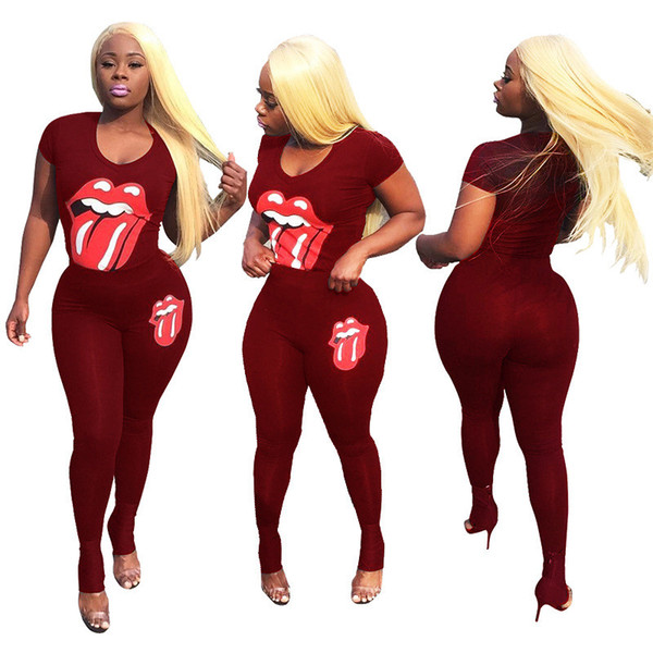 Women 2 Piece Outfits Short Sleeve Shirt Tops and Pants Set Sports Tracksuit Casual Clubwear Large Lips Print Home Dress Lady Clothing Set