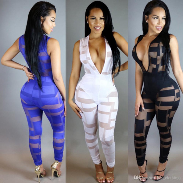 Sexy V-Neck Women Jumpsuit Sleeveless bodysuits Mesh Jumpsuits See Through Rompers Ladies Skinny Overalls Long Pants Clothes