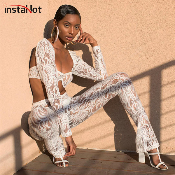 InstaHot Lace Hollow Out Transparent Crop Top Pant Women Sexy Summer Outfit 2 Piece Set Lady Long Sleeve Corset Wide Leg Pants