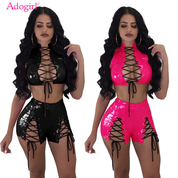 Adogirl Solid PU Leather Women Two Piece Set Grommet Crisscross Lace Up Sleeveless Crop Top and Shorts Sexy Night Club Outfits