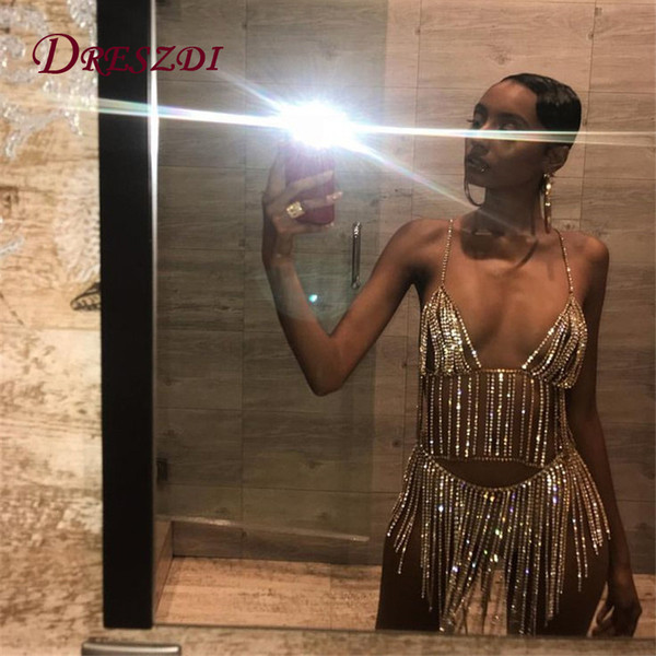 Luxury Night Club Sets Sexy Metal Crystal Diamonds Chain Women Tassel Sequins Dress Two pieces Set 2018 Beach Party Overalls