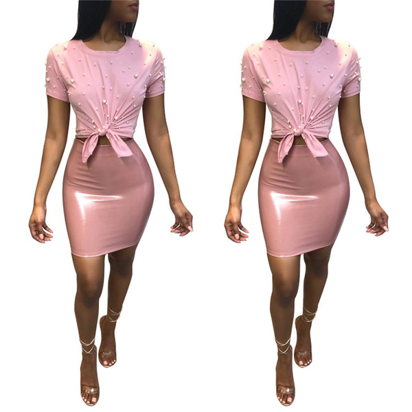 Women beading patchwork crop top faux leather skirt 2 piece set for female women summer two pieces sets skirts tops