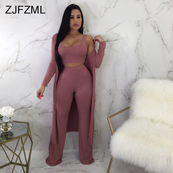 ZJFZML Autumn Winter 3 Piece Set Women O Neck Tank Crop Top+Long Wide Leg Pant+Full Sleeve Long Cardigan Casual Three Piece Sets