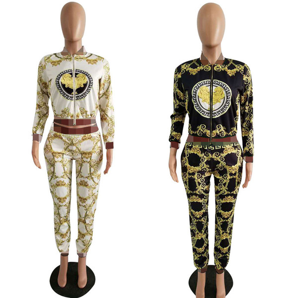 Women Digital Printing Tracksuits 2 Colors Screw Thread Printed Long Sleeve Coat Pants 2pcs/set Outdoor Clothing Set LJJO6853