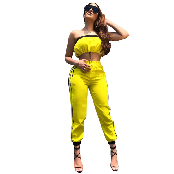 Women Tracksuit Drawstring Strapless Crop Top Side Striped Pants Suit Yellow Two Piece Splicing Outfits OOA6419