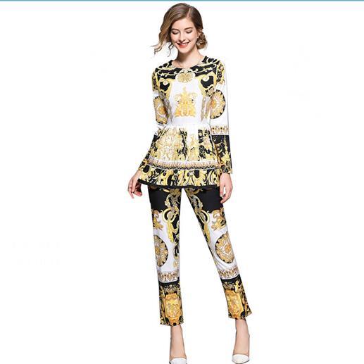 Women Retro Set Traditional Dress Suit long sleeve European Noble Gold Floral Printed Shirt + Pleat Skirt Pant Casual Suits GGA1633