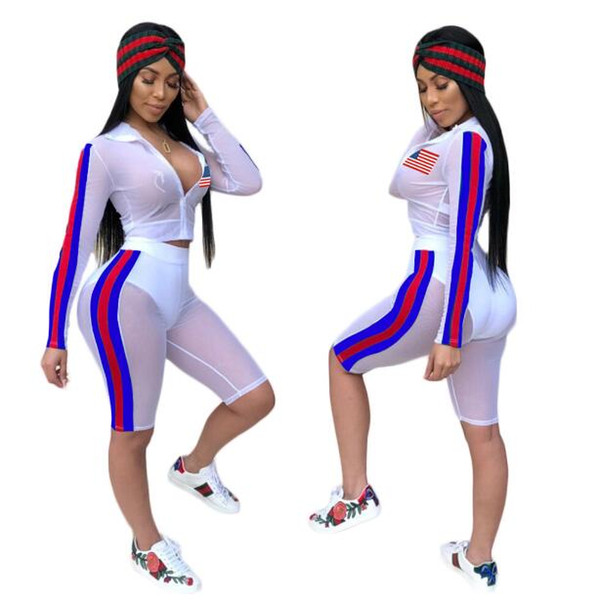 Independence Day Sexy Mesh Two Pieces Suit USA National Flag Printed See-through Summer Sand Beach Sun-protective Clothes CCA9717 12set