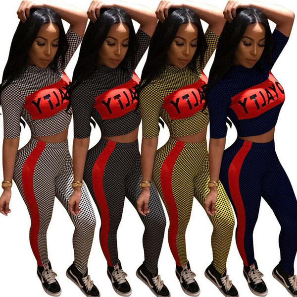 4 color tracksuit Women Short Sleeve Letter Print Plaid Crop Top Bodycon Long Pant Play suit EEA90