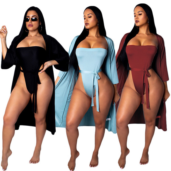 Bandage Bikini Cover Set Women Swimsuit With Belt 2pcs/set Swimsuit Beach Sunscreen Coat Tracksuit Clothing Set OOA6424