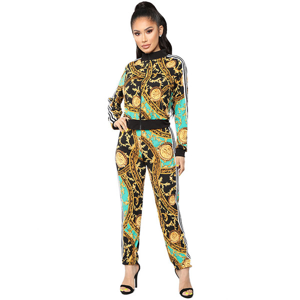 Women Sports Tracksuit Gym Outfit printed casual sports suit Retro Sportwear Long Sleeve Zipper Coat Leggings Sets GGA1628