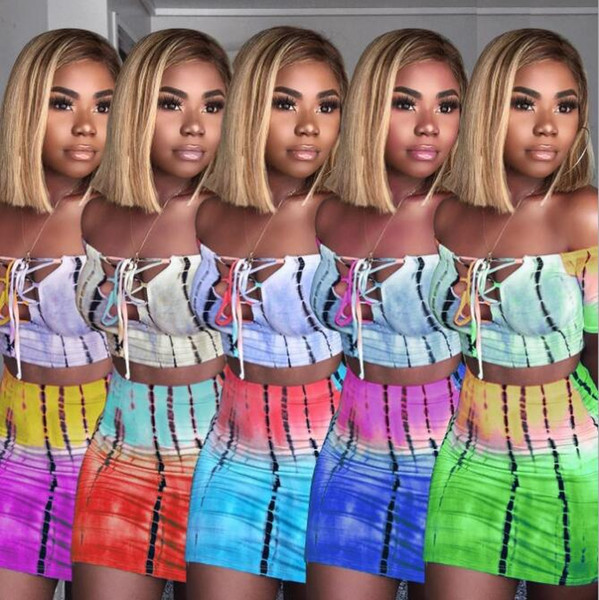 Women Off Shoulder Tracksuit Rainbow Gradient Lace Up Crop Top Mini Skirt 2pcs/set Dress Suits Tracksuit OOA6500