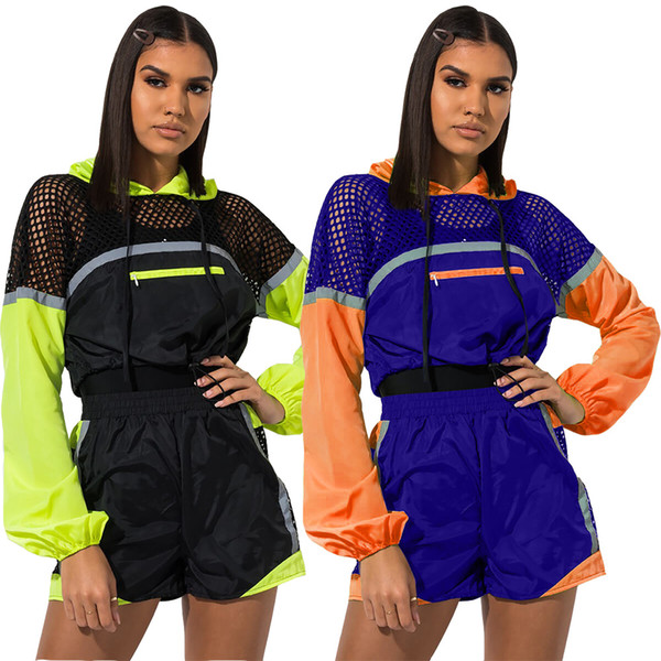 women Summer Patchwork Mesh Tracksuit Multi Colored Long Sleeve Hooded Crop Tops + Shorts 2pcs/set Outfit Jogger Pullover Sportwear AAA2094