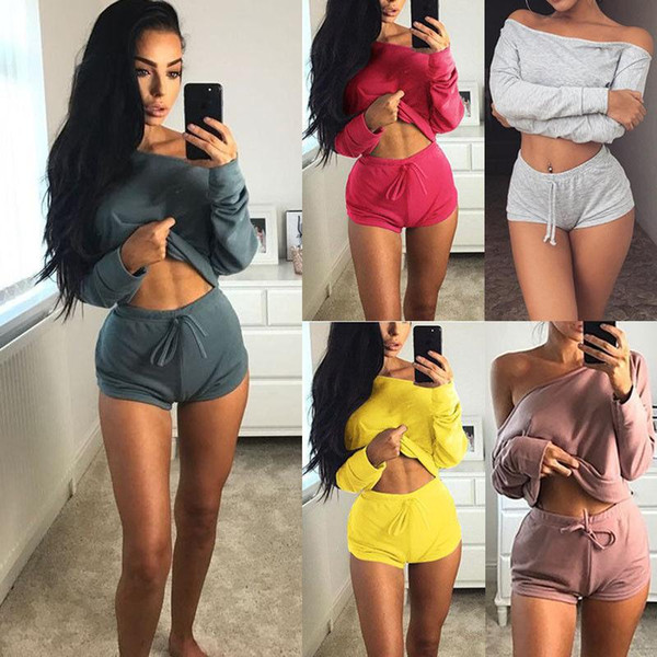 Women Off Shoulder Loose Casual Set One Shoulder Suit Long Sleeve Top Drawstring Shorts 2Pieces Set LLA114