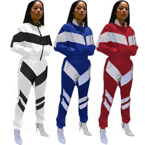 Patchwork Zipper Tracksuit Women Crop Coat Pant 2pcs/set Outdoor Sports Jacket Joggers Set Striped Sportswear OOA6511