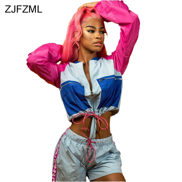 ZJFZML Color Block Casual Two Piece Suit Women Front Zipper Long Sleeve Crop Jackets+Drawstring Short Autumn Outfit 2 Piece Set