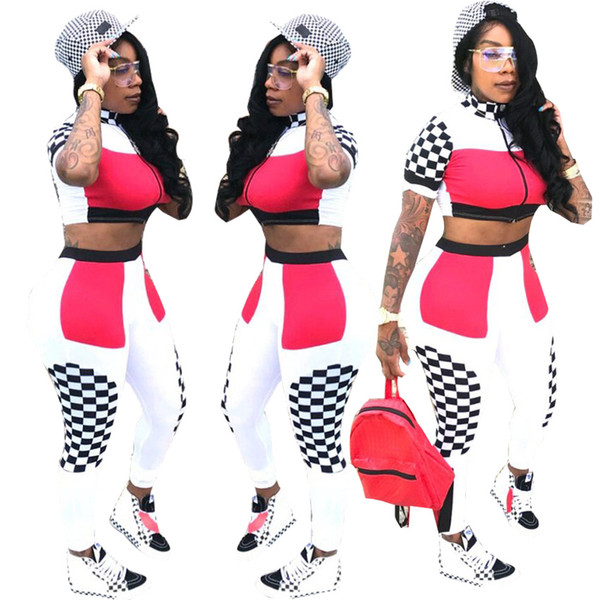 Contrast Color Casual 2 Piece Set Double Side Black White Plaid Front Zip Short Sleeve Crop Top &Long Slim Fit Pant OutfitsLD601