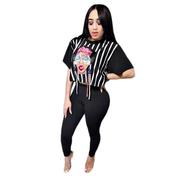 Women Tracksuit Leggings Two Piece Sets Fitness Clothing Sporting Suits Cartoon Print Short Sleeve Crop Top Skinny Pants Sets