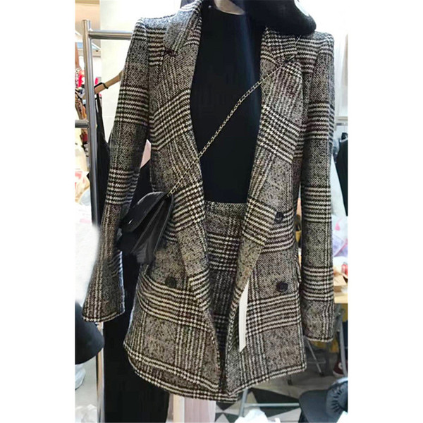 2Pcs/set Women's Plaid Suit Lapel OL Blazer Houndstooth Jacket Coat + High Waist A-line Skirt Leisure Checked Skirt Casual Suit