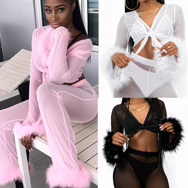 See Through Mesh Pants Faux Fur High Waist Pants New Arrival Party Club Outfit Crop Top Sets Summer Women Sets