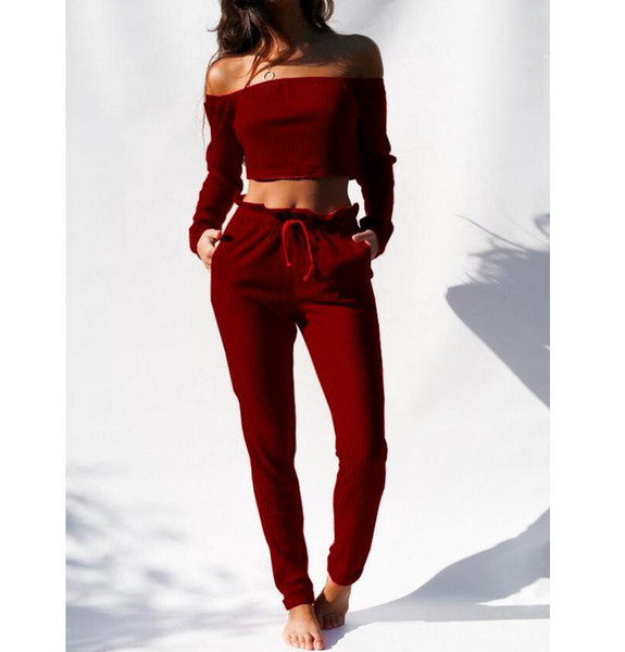 Two Piece Set Women Crop Top Off Shoulder Shirt + Pants Playsuit Bodysuit Jumpsuit Romper Set