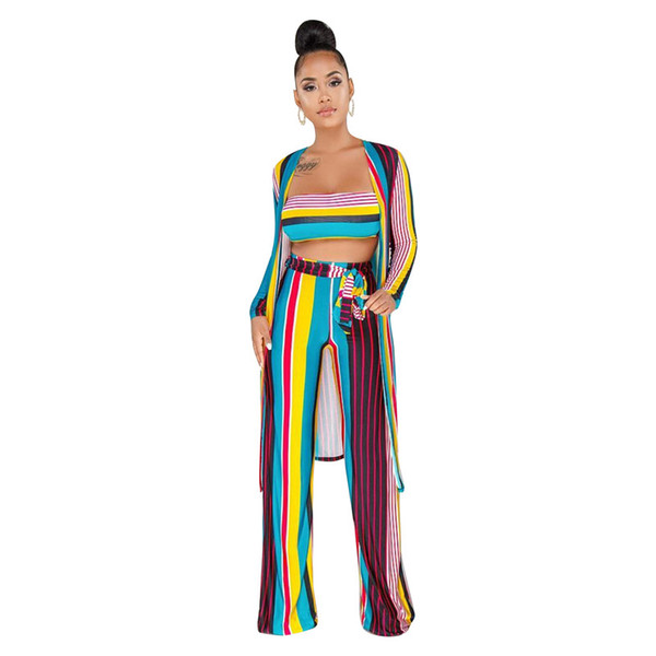 3 Piece Set Women Striped Trouser Suits Long Cardigan Crop Top and Pants Set Matching 3 Piece Outfits Autumn Women 2018