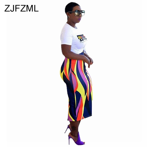 ZJFZML Sexy Two Piece Set Dress Summer Women White Letter Printed Bandage Crop Shirt And Colorful Print Bandage Mid-Calf Skirt