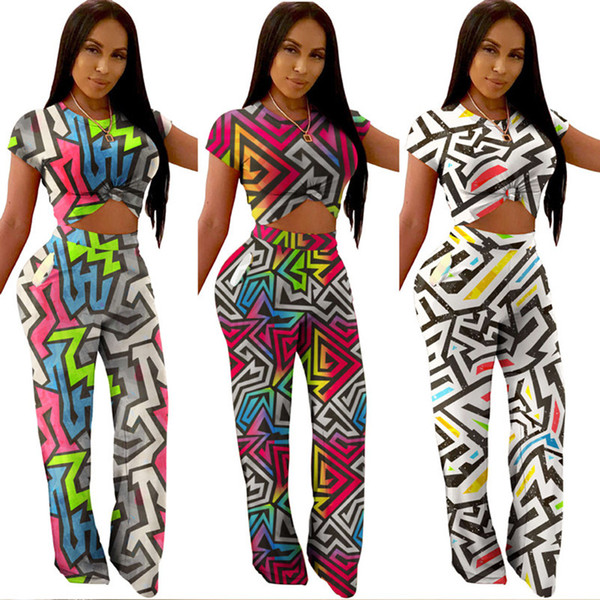 Women designer 2 piece set jogger suit stylish tracksuit sportswear Geometric Short Sleeve t-shirt bodycon leggings pants Print Plus Size 82