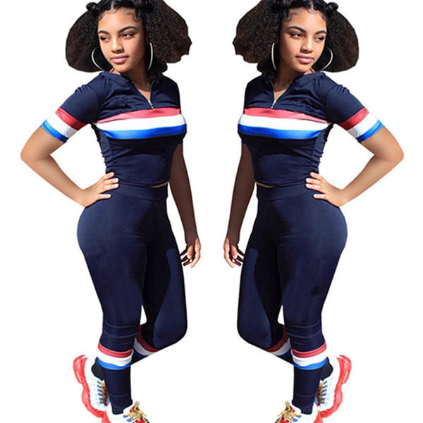 Women designer summer 2 piece set fitness running jogges suit gym polo t-shirt lapel neck short sleeve panelled bodycon leggings pants 502