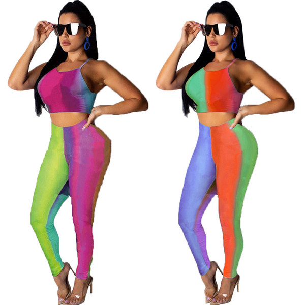 Champions Women 2 piece set panelled gradient pullover sleeveless Spaghetti Strap tshirt bodycon leggings pants summer clothes plus size 474