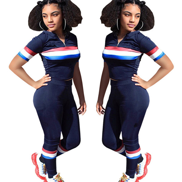 Women designer summer 2 piece set sports set fitness running outfit polo t-shirt lapel neck short sleeve panelled bodycon leggings pants 502