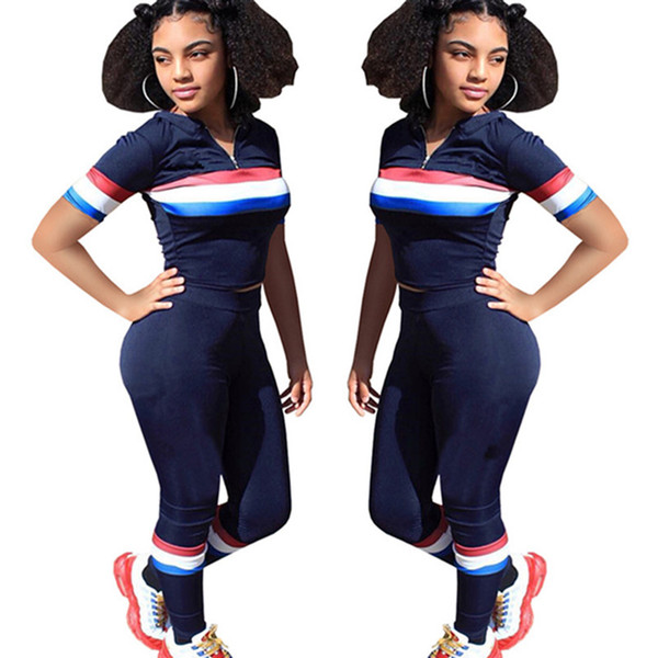 Women designer brand 2 piece set summer clothes sports set tracksuit polo tshirt lapel neck short sleeve panelled bodycon leggings pants 502