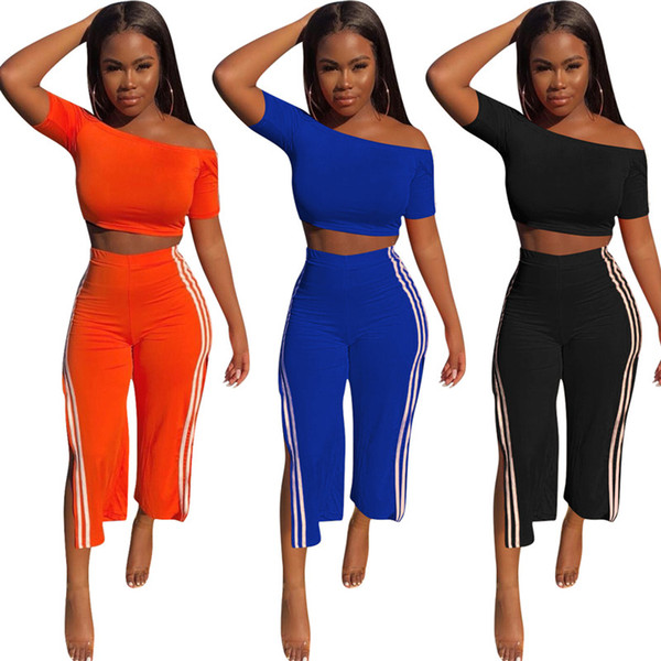 Women 2 piece set tracksuit Pullover short sleeve Slash Neck Crop Top Vest Bodycon Leggings pants split Striped summer clothes Plus Size 189