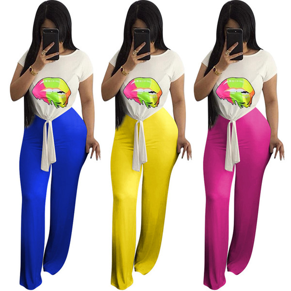 Sell well Women's 2 piece set jogger suit short sleeve Pullover Crew Neck T-shirt crop top Wide-leg pantsuit summer clothing Plus Size 174