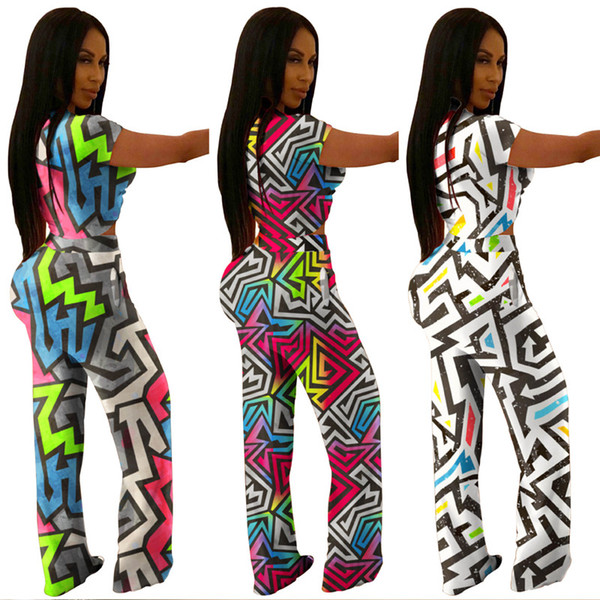 Women New style fashion 2 piece set jogging suit sweatsuit stylish Geometric Short Sleeve t-shirt bodycon leggings pants Print Plus Size 82