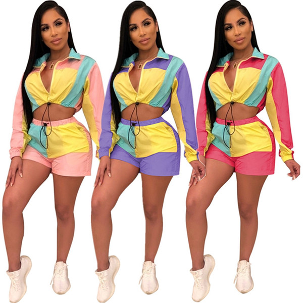 Women 2 piece shorts set jogging suit fitness running gym Lapel Neck outwear panelled bodycon leggings shorts summer clothing plus size 344