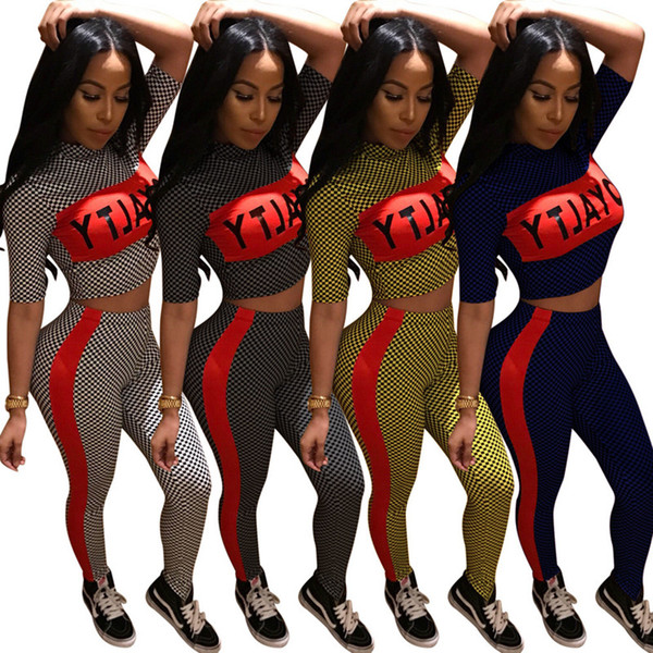 Women designer 2 piece set Luxury suit Club wear Sexy&Club Plaid Pullover High Neck Short Sleeve t-shirt bodycon leggings pants Print 56