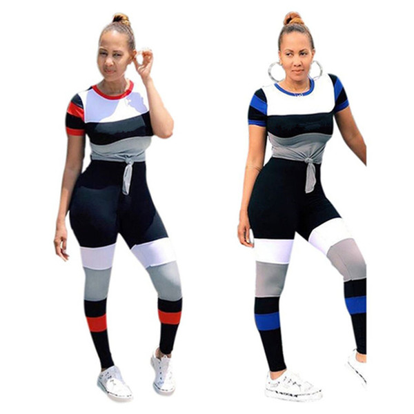 Champions women 2 piece pants sports set tracksuit Pullover Crew Neck Tshirt Panelled bodycon leggings pants Plus size Summer clothing 79